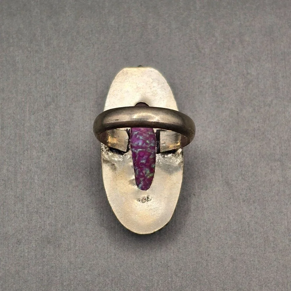 Triplet Opal Statement Ring VTG Pink Iridescent Glass Cabochon Size 8 Silver Plt - Picture 4 of 12